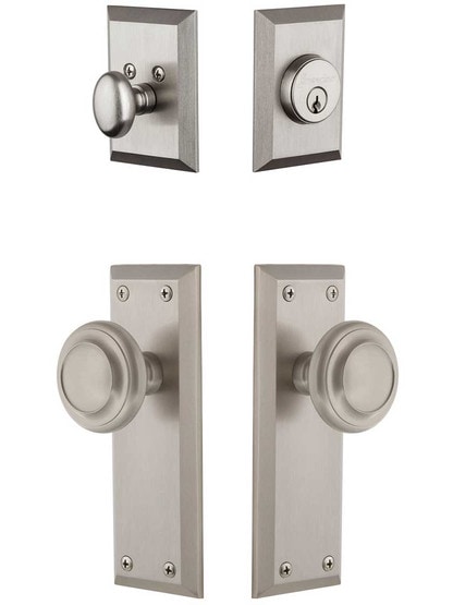 Grandeur Fifth-Avenue Entry Door Set, Keyed Alike with Circulaire Knobs in Satin Nickel.